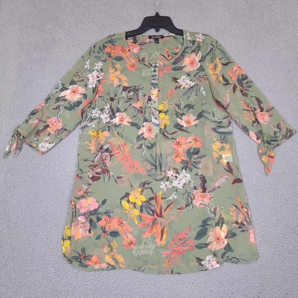Roz & Ali Top Tunic Large Floral‎ Boho Green Sheer Fairy Office Casual Blouse
